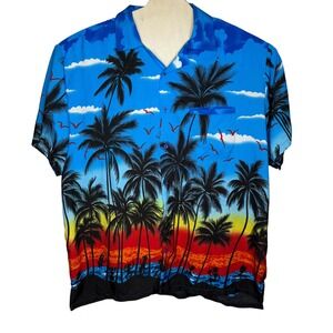 V.H.O Mens XXXL Tropical Sunset Palm Tree Hawaiian Short Sleeve Button Up Shirt